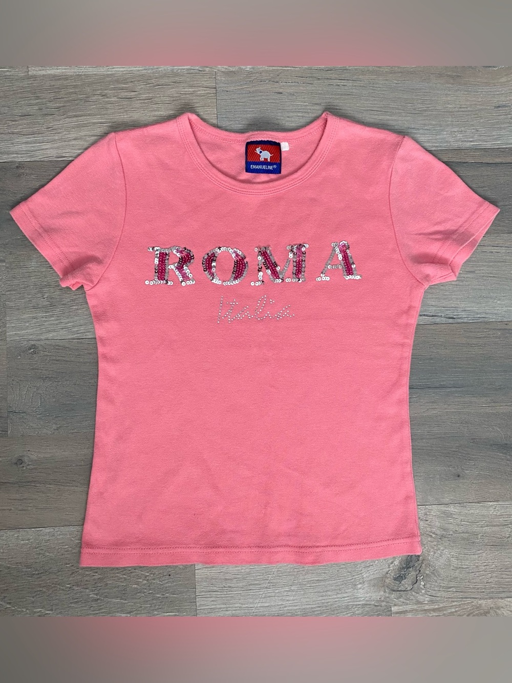 Vintage Y2K Roma Italia Rhinestone Sequin Pink Cotton Baby Tee Souvenir